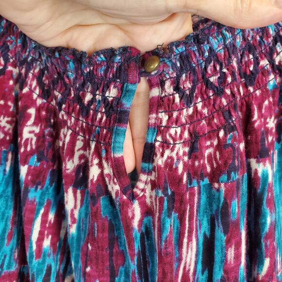 Lucky Brand Peasant Blousy Top Size M Purple Blue Paisley Geo Stretchy Boho 70's - Picture 4 of 10